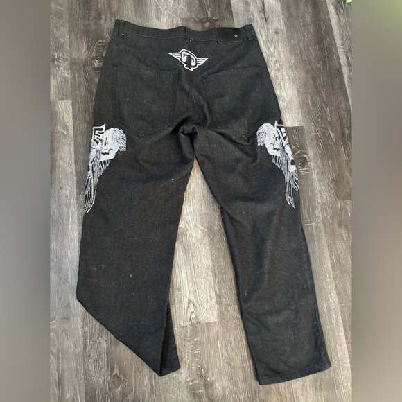 Game Time y2K black denim baggy jeans embroidered skulls oversized fit - Picture 4 of 6